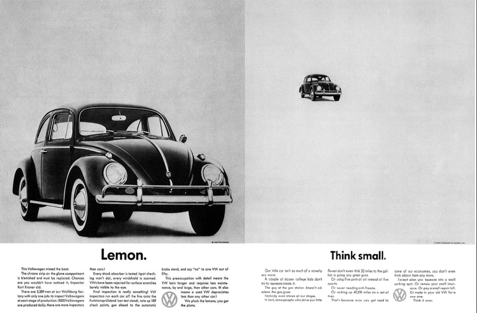 Volkswagen 'Think Small' print advertisement (1960) — a classic example of differentiation by going against industry conventions